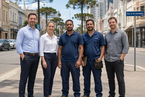 Equipe da Refrigeração Curitiba Pro no centro de Curitiba — administração e técnicos de refrigeração