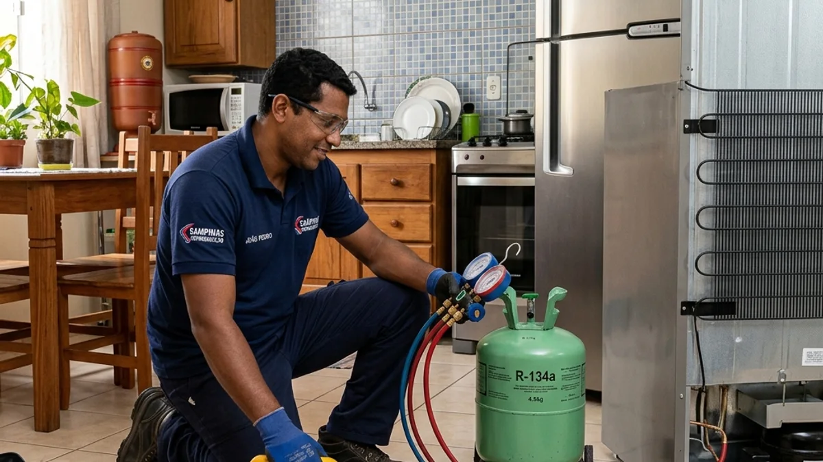 Técnico de refrigeração da Refrigeração Curitiba Pro usando bomba de vácuo, manômetros e cilindro durante a recarga profissional de uma geladeira.