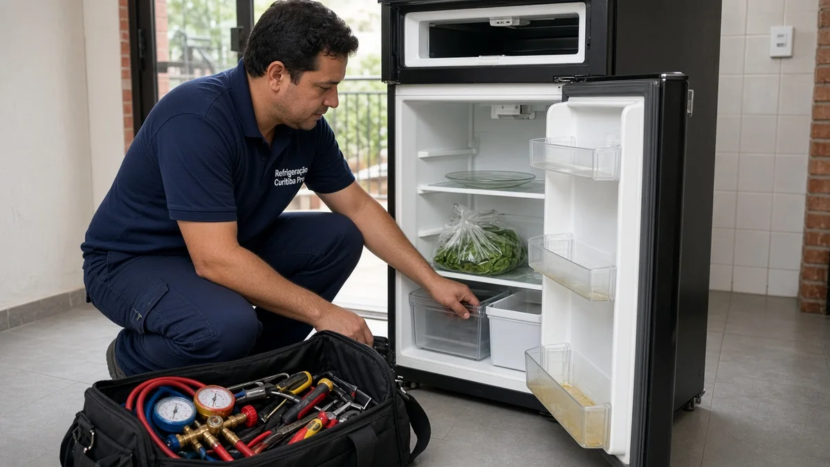 Na secção do artigo: ferramentas basicas ao lado de geladeira aberta para checagem diy. Uniforme Refrigeração Curitiba Pro e equipamentos de serviço à vista.