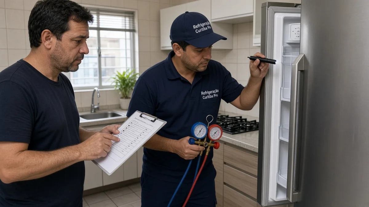 Na secção do artigo: morador confere termostato e vedacao com checklist na cozinha. Uniforme Refrigeração Curitiba Pro e equipamentos de serviço à vista.