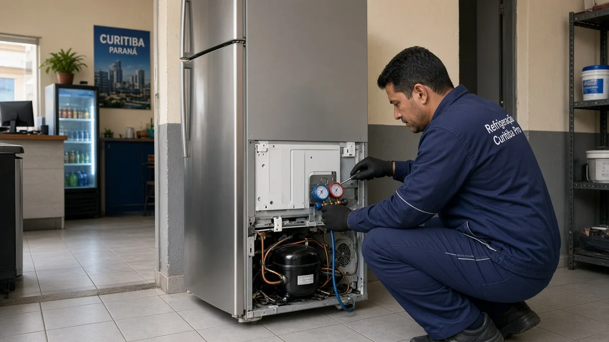 Técnico Refrigeração Curitiba Pro: tecnico inspeciona parte traseira da geladeira com ferramentas, em cozinha residencial brasileira com luz natural realista.