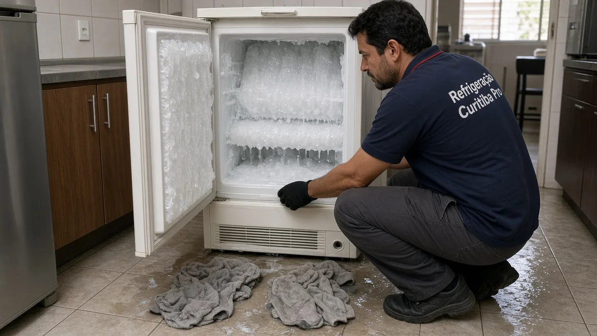 Na secção do artigo: freezer aberto com gelo derretendo e toalhas no piso da cozinha. Uniforme Refrigeração Curitiba Pro e equipamentos de serviço à vista.