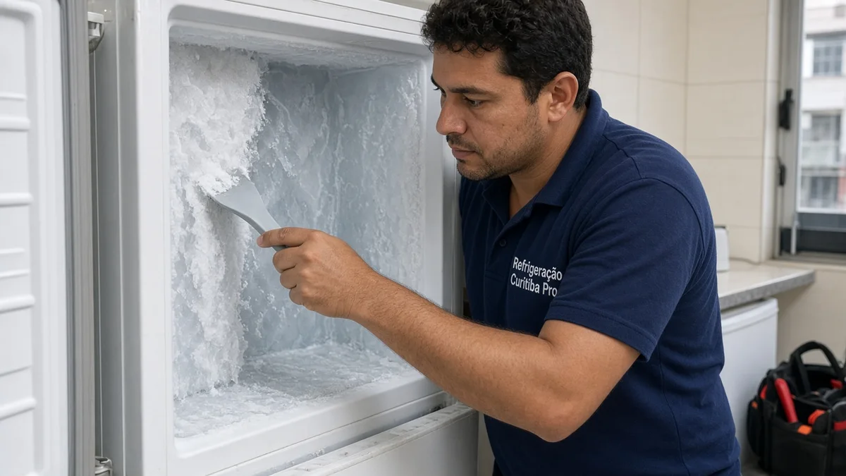Na secção do artigo: espatula plastica retirando gelo das paredes internas do freezer. Uniforme Refrigeração Curitiba Pro e equipamentos de serviço à vista.
