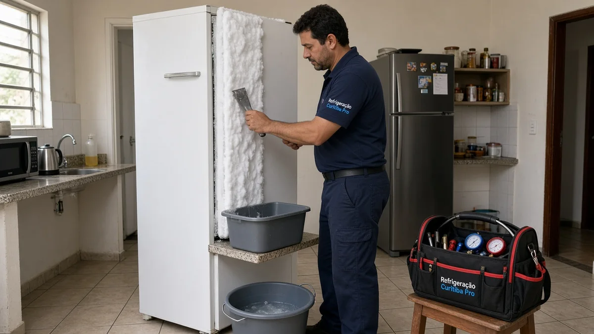 Tecnico descongela freezer vertical com espatula e bacias na cozinha — técnico Refrigeração Curitiba Pro em cozinha brasileira iluminada, equipamentos visíveis.