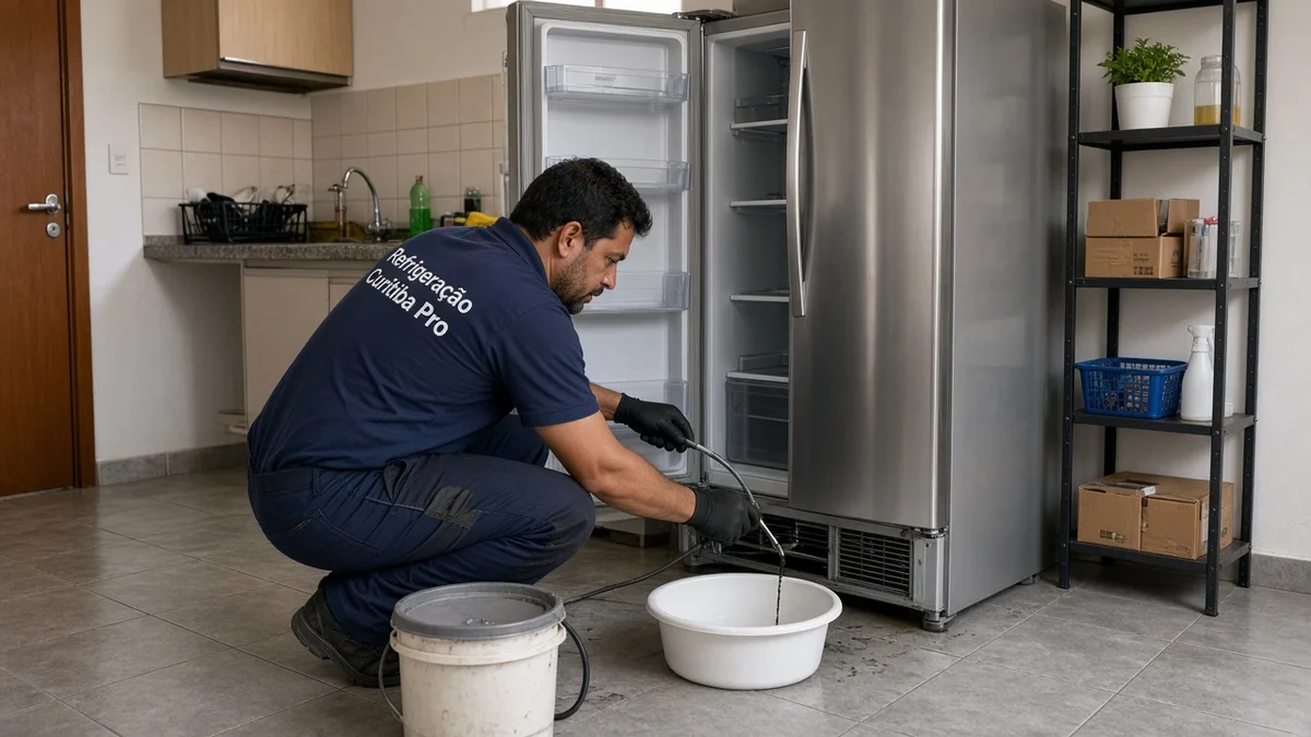 Tecnico desobstrui dreno da geladeira com sonda e bacias na cozinha — técnico Refrigeração Curitiba Pro em cozinha brasileira iluminada, equipamentos visíveis.