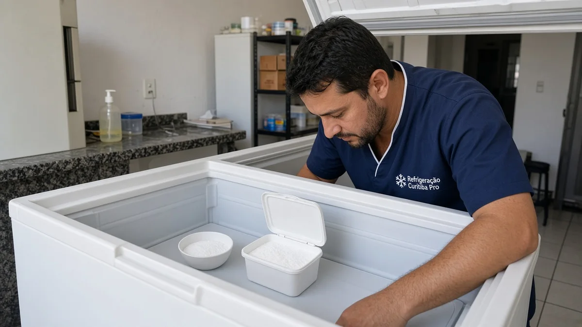 Bicarbonato e recipiente aberto dentro do freezer ja limpo, em residência brasileira, com técnico Refrigeração Curitiba Pro e materiais e ferramentas ao lado.