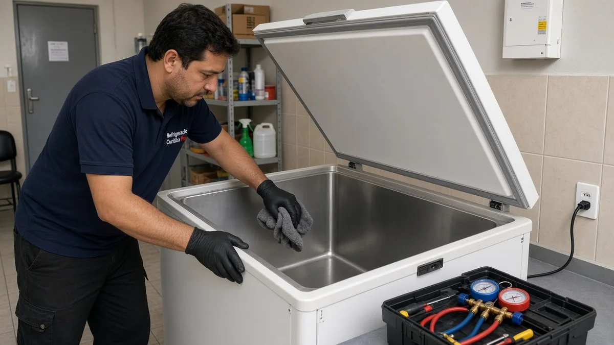 Freezer limpo ilustrando rotina periodica de higienizacao, em residência brasileira, com técnico Refrigeração Curitiba Pro e materiais e ferramentas ao lado.