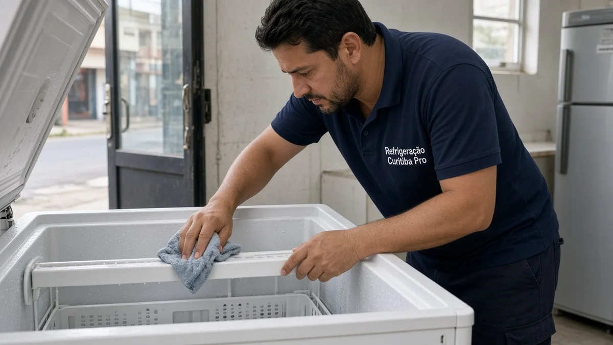 Maos limpam prateleiras internas do freezer com pano umido, em residência brasileira, com técnico Refrigeração Curitiba Pro e materiais e ferramentas ao lado.