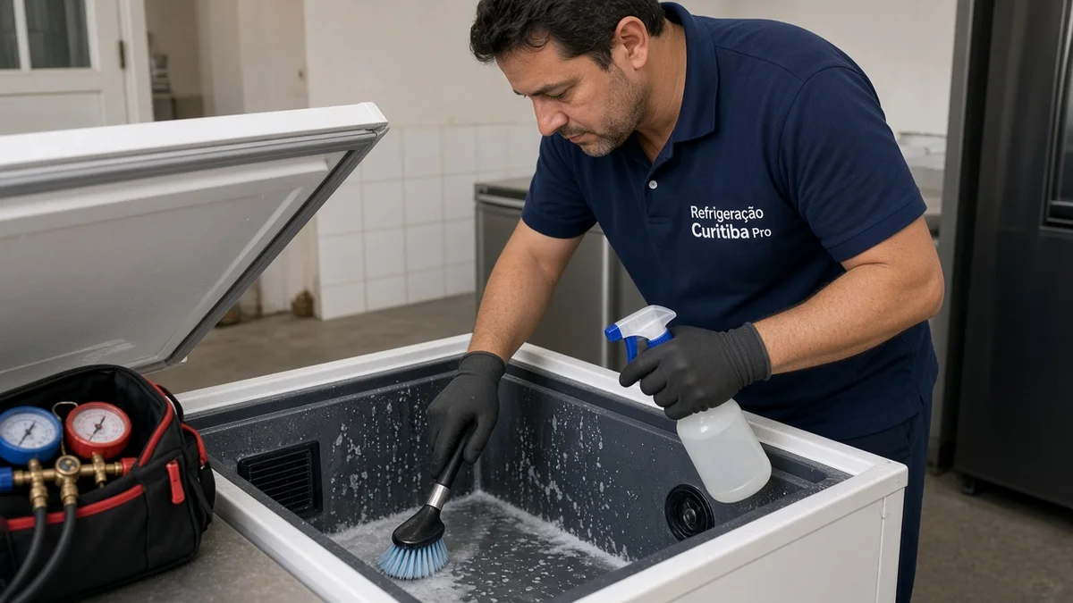 Tecnico faz limpeza profunda de freezer com kit profissional, em residência brasileira, com técnico Refrigeração Curitiba Pro e materiais e ferramentas ao lado.