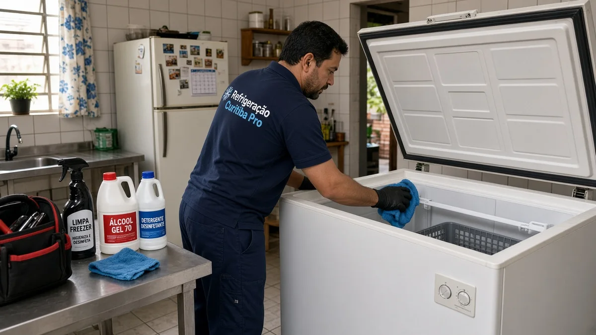 Técnico Refrigeração Curitiba Pro: tecnico limpa interior do freezer com pano e produtos na cozinha, em cozinha residencial brasileira com luz natural realista.