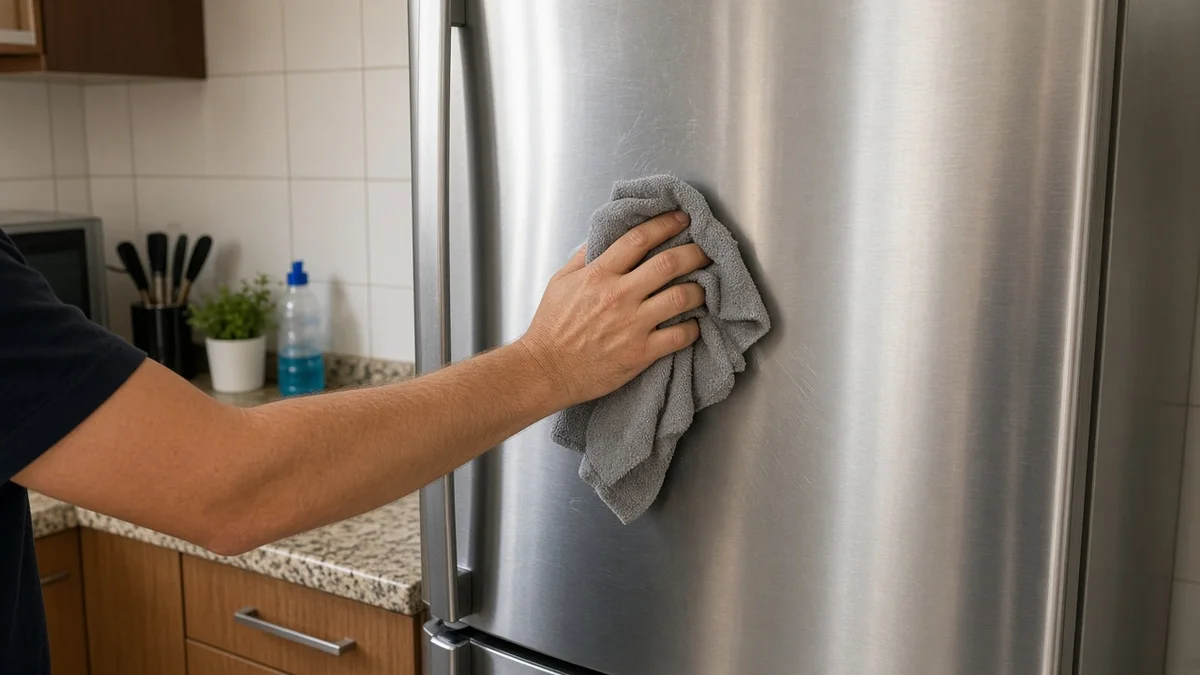 Maos secam a porta inox da geladeira no sentido do acabamento com pano seco e macio, em cozinha residencial brasileira com luz natural do dia.