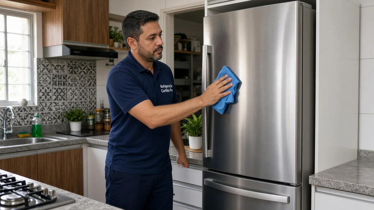 Tecnico Refrigeracao Curitiba Pro limpa a porta inox da geladeira com pano de microfibra em cozinha residencial brasileira com luz natural realista.