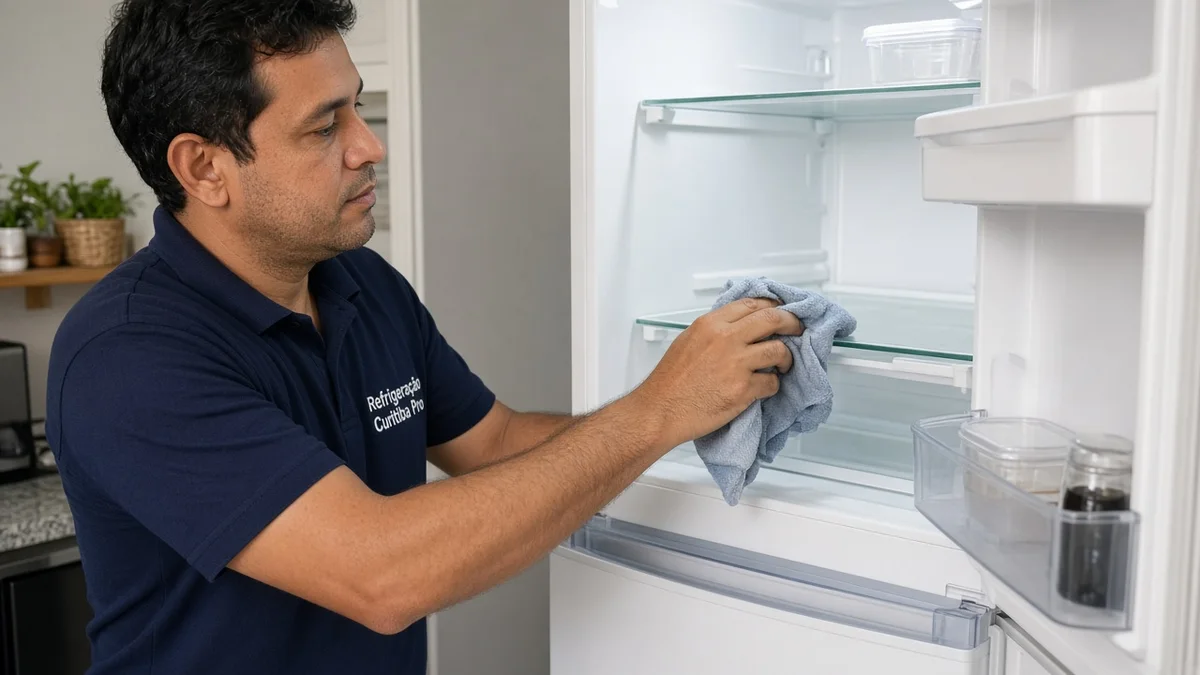 Maos limpam prateleiras internas da geladeira com pano umido, em residência brasileira, com técnico Refrigeração Curitiba Pro e materiais e ferramentas ao lado.