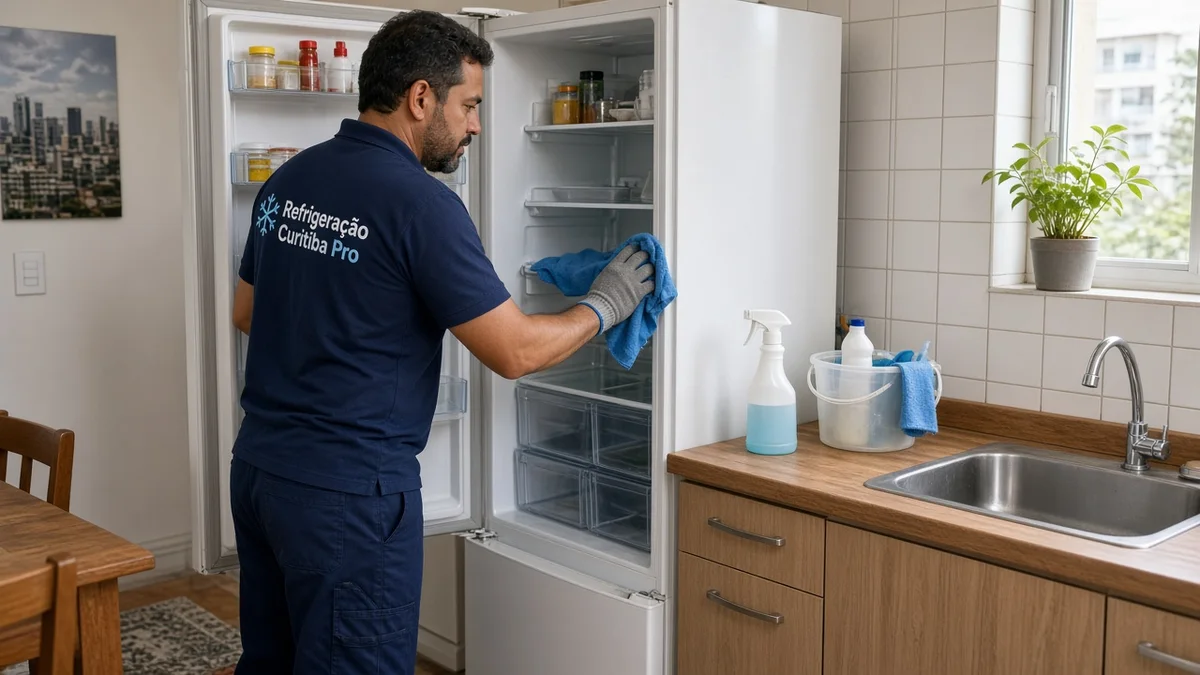 Capa do artigo: tecnico limpa interior de geladeira com pano e produtos na cozinha. Técnico Refrigeração Curitiba Pro, ambiente residencial brasileiro realista.