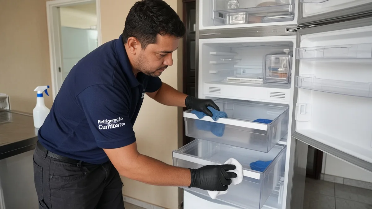 Tecnico segue limpeza das gavetas e borrachas da geladeira, em residência brasileira, com técnico Refrigeração Curitiba Pro e materiais e ferramentas ao lado.