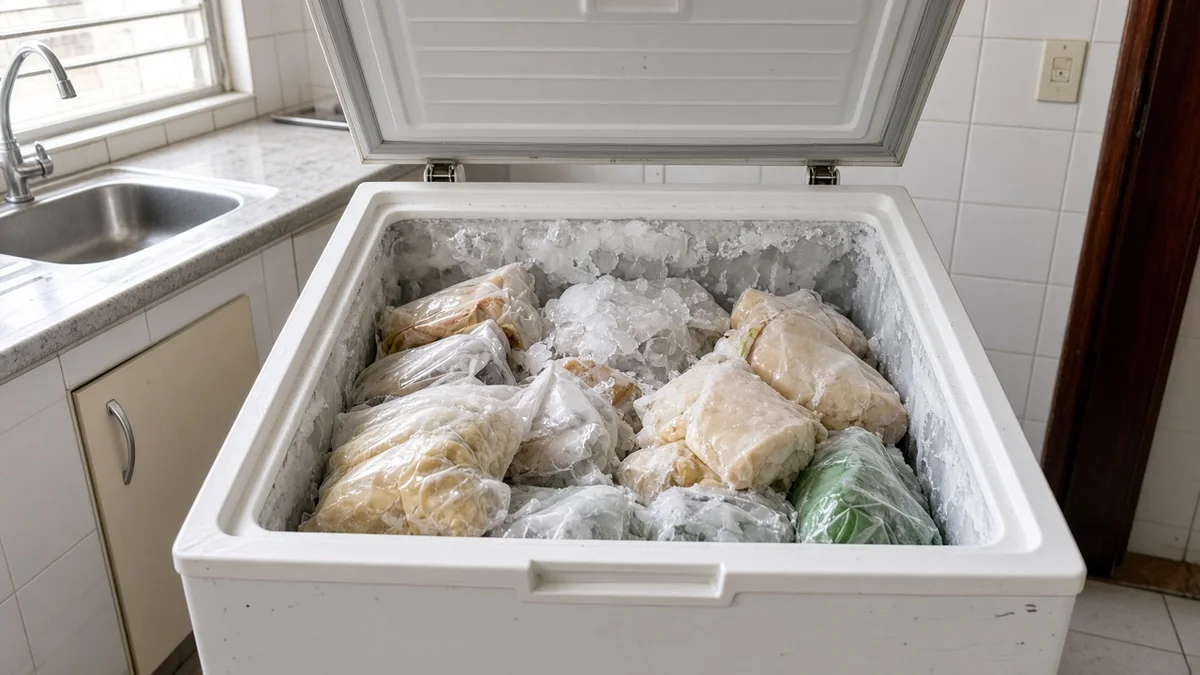 Alimentos amolecidos e gelo irregular no freezer aberto, em residência brasileira, com técnico Refrigeração Curitiba Pro e materiais e ferramentas ao lado.