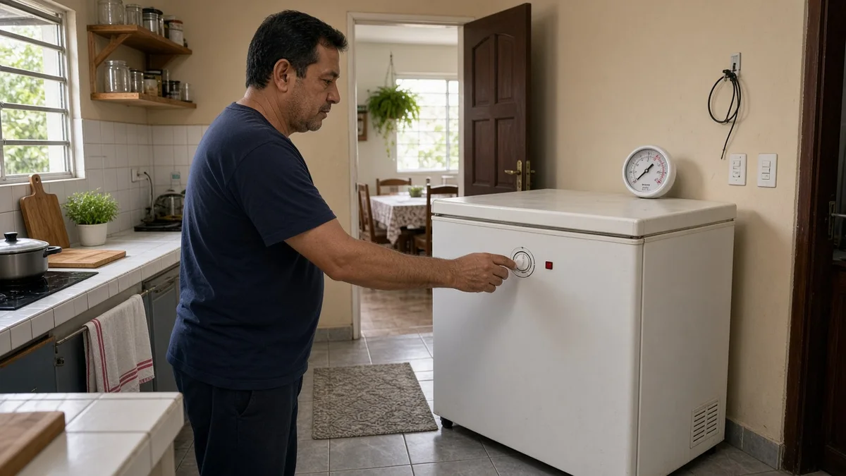 Técnico Refrigeração Curitiba Pro: morador ajusta termostato do freezer com termometro na cozinha, em cozinha residencial brasileira com luz natural realista.