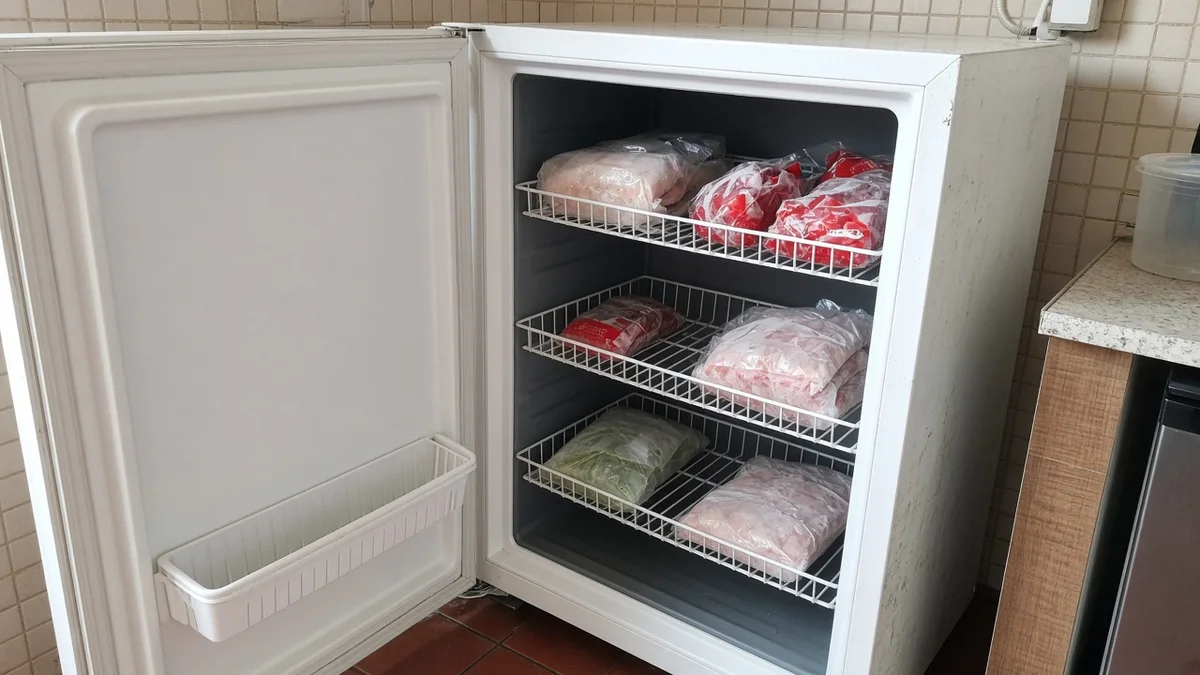 Freezer organizado com espaco para circulacao de ar frio, em residência brasileira, com técnico Refrigeração Curitiba Pro e materiais e ferramentas ao lado.