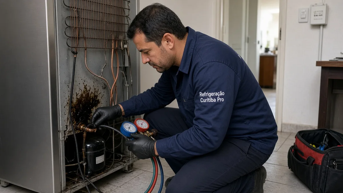 Mancha de oleo na tubagem sugerindo vazamento de gas, em residência brasileira, com técnico Refrigeração Curitiba Pro e materiais e ferramentas ao lado.