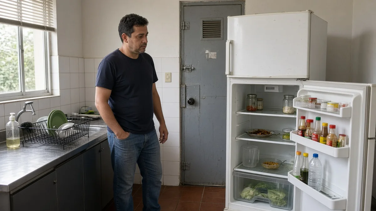Técnico Refrigeração Curitiba Pro: morador confere geladeira fraca suspeitando falta de gas, em cozinha residencial brasileira com luz natural realista.