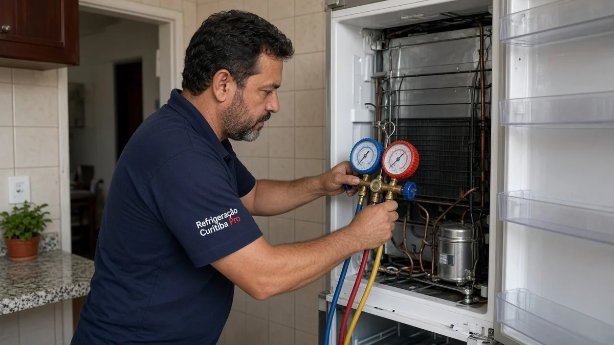 Tecnico confirma falta de gas com manometro na geladeira, em residência brasileira, com técnico Refrigeração Curitiba Pro e materiais e ferramentas ao lado.