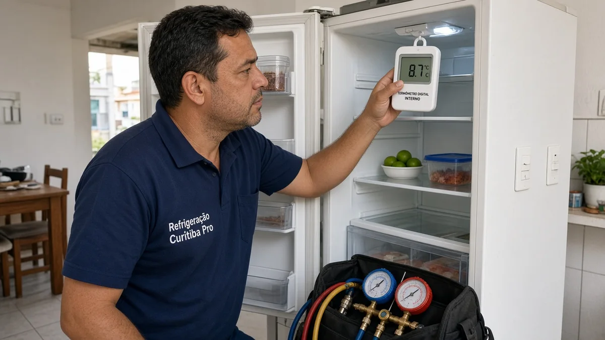 Na secção do artigo: termometro interno alto em geladeira com suspeita de falta de gas. Uniforme Refrigeração Curitiba Pro e equipamentos de serviço à vista.