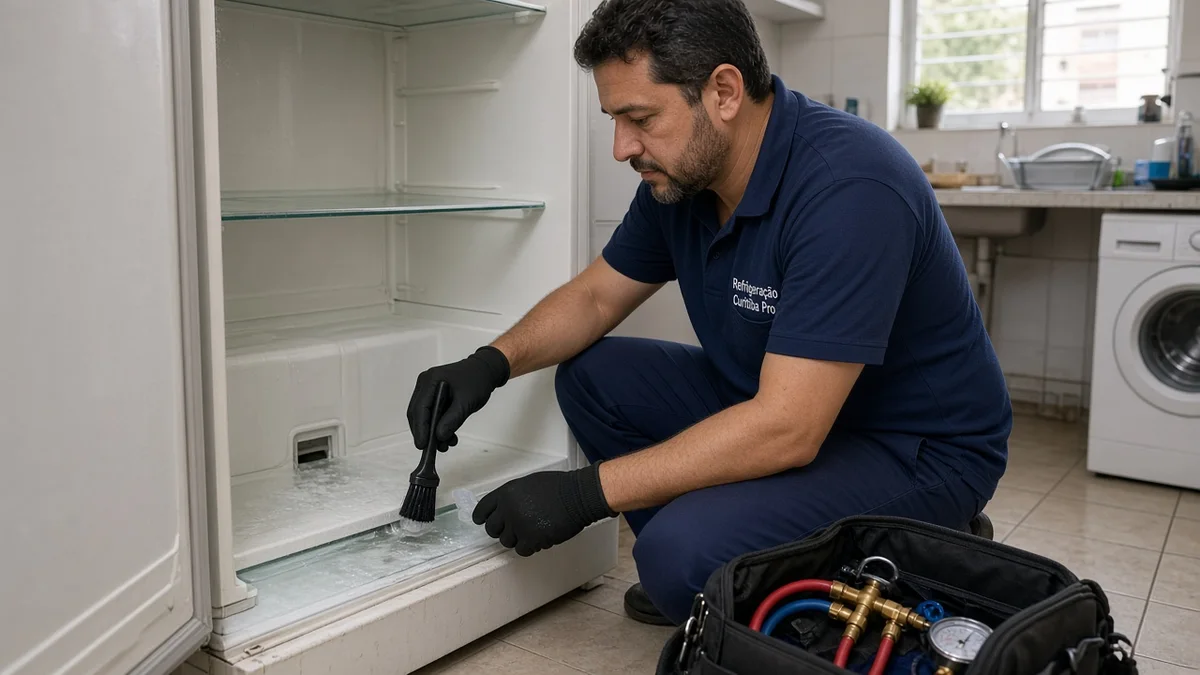 Close do orificio de dreno interno da geladeira com umidade, em residência brasileira, com técnico Refrigeração Curitiba Pro e materiais e ferramentas ao lado.