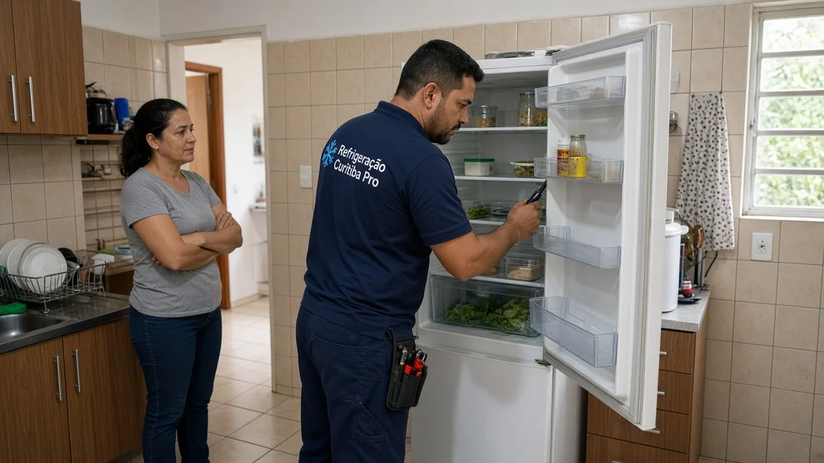 Técnico Curitiba Pro: tecnico inspeciona geladeira aberta em cozinha residencial brasileira, em cozinha residencial brasileira com luz natural realista.
