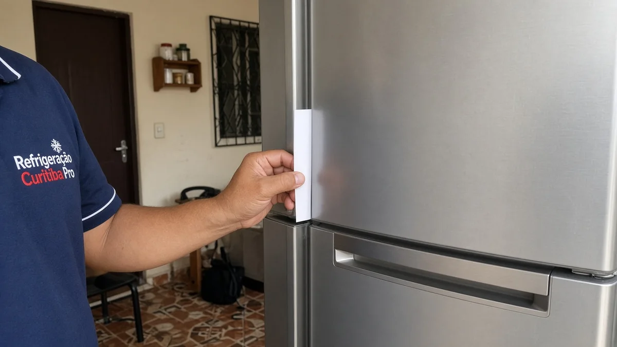 Uma mão inserindo uma folha de papel para testar a vedação da porta da geladeira — cena ampla adequada a capa, residência ou comércio leve brasileiro iluminado.