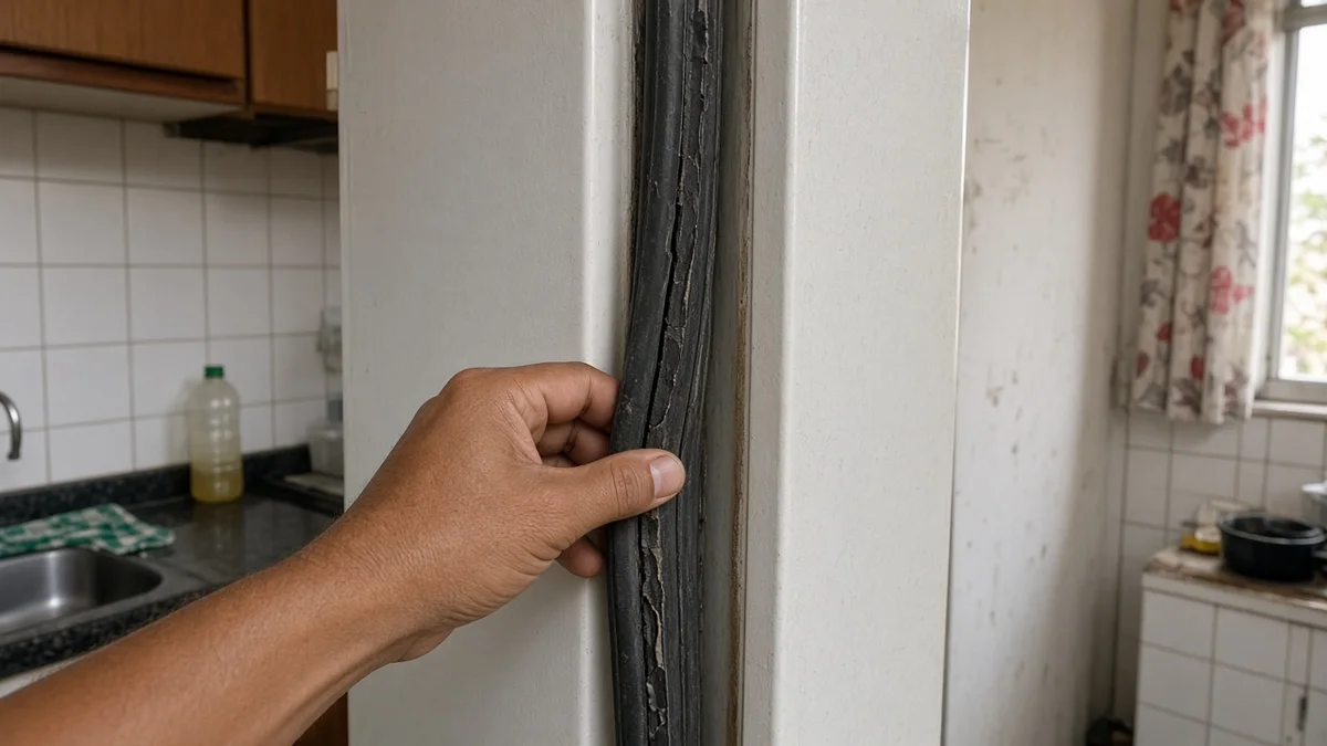 Técnico Refrigeração Curitiba Pro: mao inspeciona borracha gasta na porta de freezer vertical, em cozinha residencial brasileira com luz natural realista.