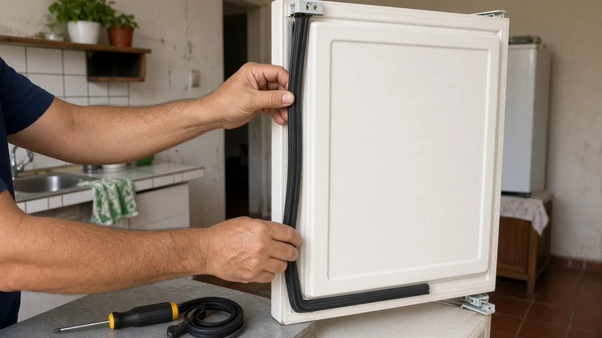Maos encaixam borracha nova no perimetro da porta do freezer, em residência brasileira, com técnico Refrigeração Curitiba Pro e materiais e ferramentas ao lado.