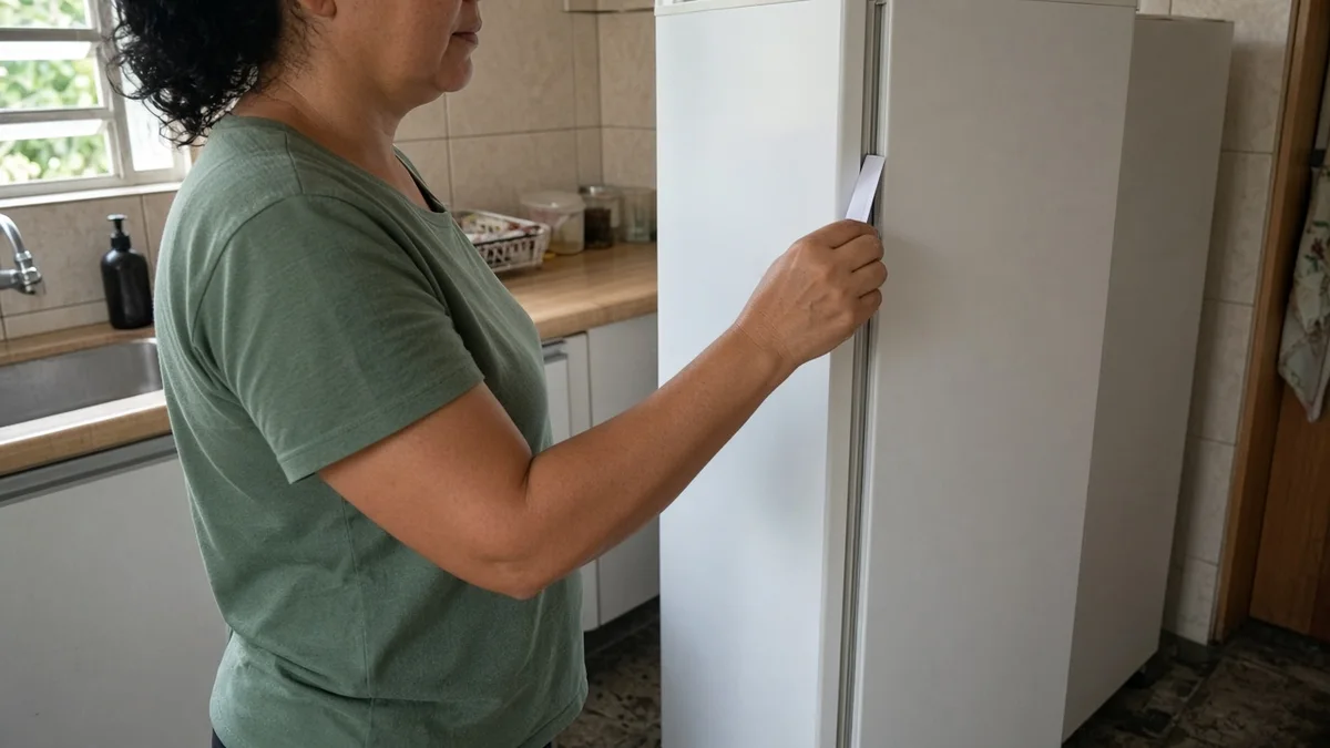 Teste da folha de papel na vedacao da porta do freezer, em residência brasileira, com técnico Refrigeração Curitiba Pro e materiais e ferramentas ao lado.