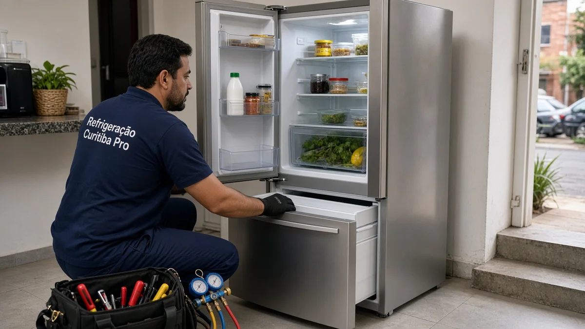 Geladeira silenciosa e eficiente apos manutencao preventiva, em residência brasileira, com técnico Refrigeração Curitiba Pro e materiais e ferramentas ao lado.