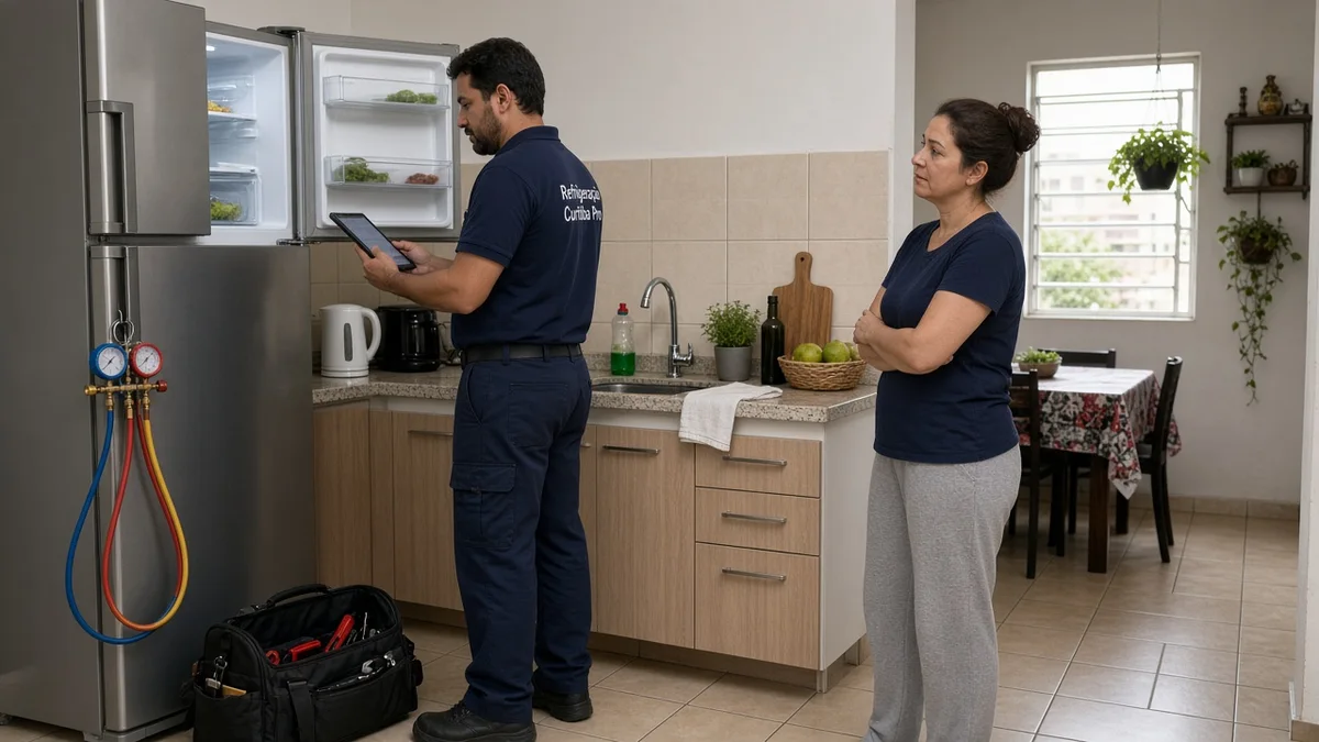 Técnico Refrigeração Curitiba Pro: tecnico agenda manutencao preventiva de geladeira na cozinha, em cozinha residencial brasileira com luz natural realista.