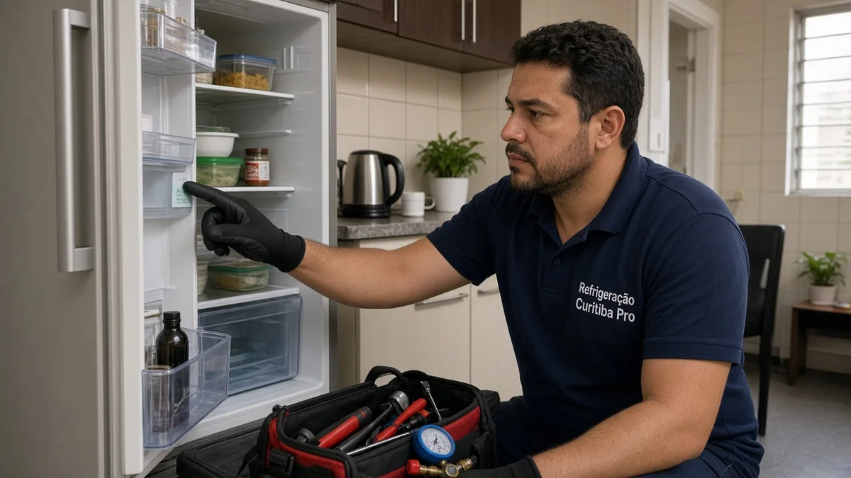 Tecnico identifica sinais de geladeira pedindo manutencao, em residência brasileira, com técnico Refrigeração Curitiba Pro e materiais e ferramentas ao lado.