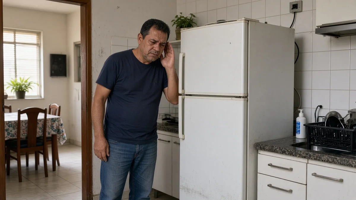 Técnico Curitiba Pro: morador escuta geladeira barulhenta com expressao preocupada na cozinha, em cozinha residencial brasileira com luz natural realista.