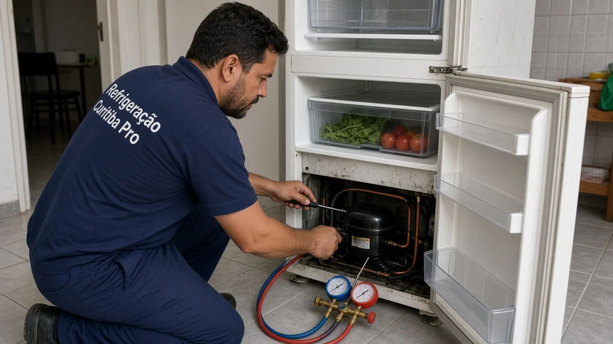 Na secção do artigo: tecnico diagnostica compressor ruidoso com ferramentas na geladeira. Uniforme Refrigeração Curitiba Pro e equipamentos de serviço à vista.