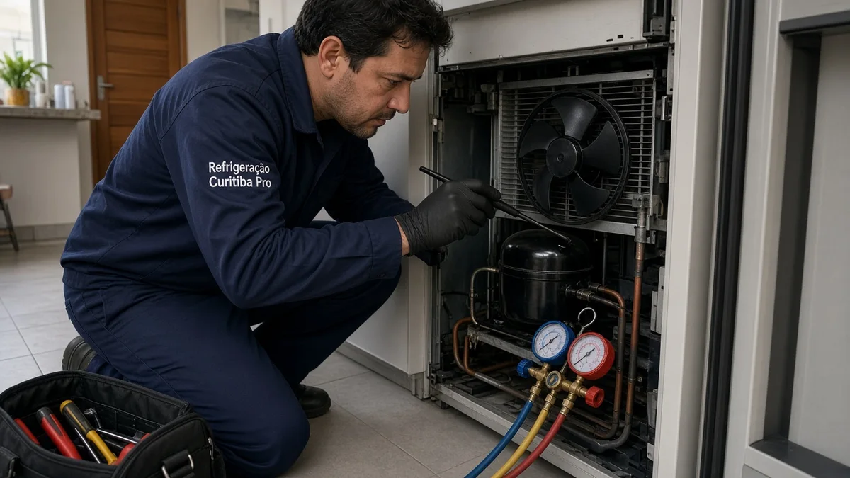 Na secção do artigo: tecnico inspeciona ventoinha e compressor por barulho na geladeira. Uniforme Refrigeração Curitiba Pro e equipamentos de serviço à vista.