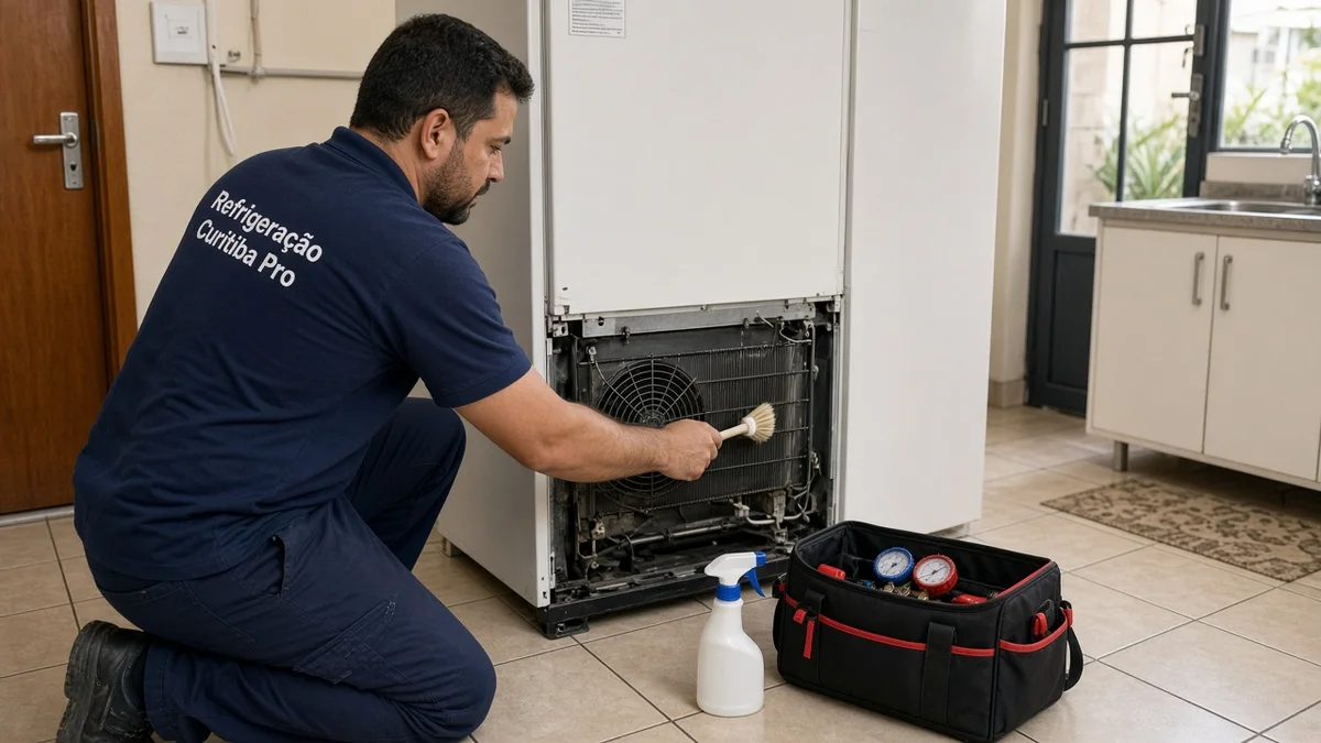 Tecnico limpa ventoinha e condensador para reduzir ruido da geladeira, em residência brasileira, com técnico Curitiba Pro e materiais e ferramentas ao lado.