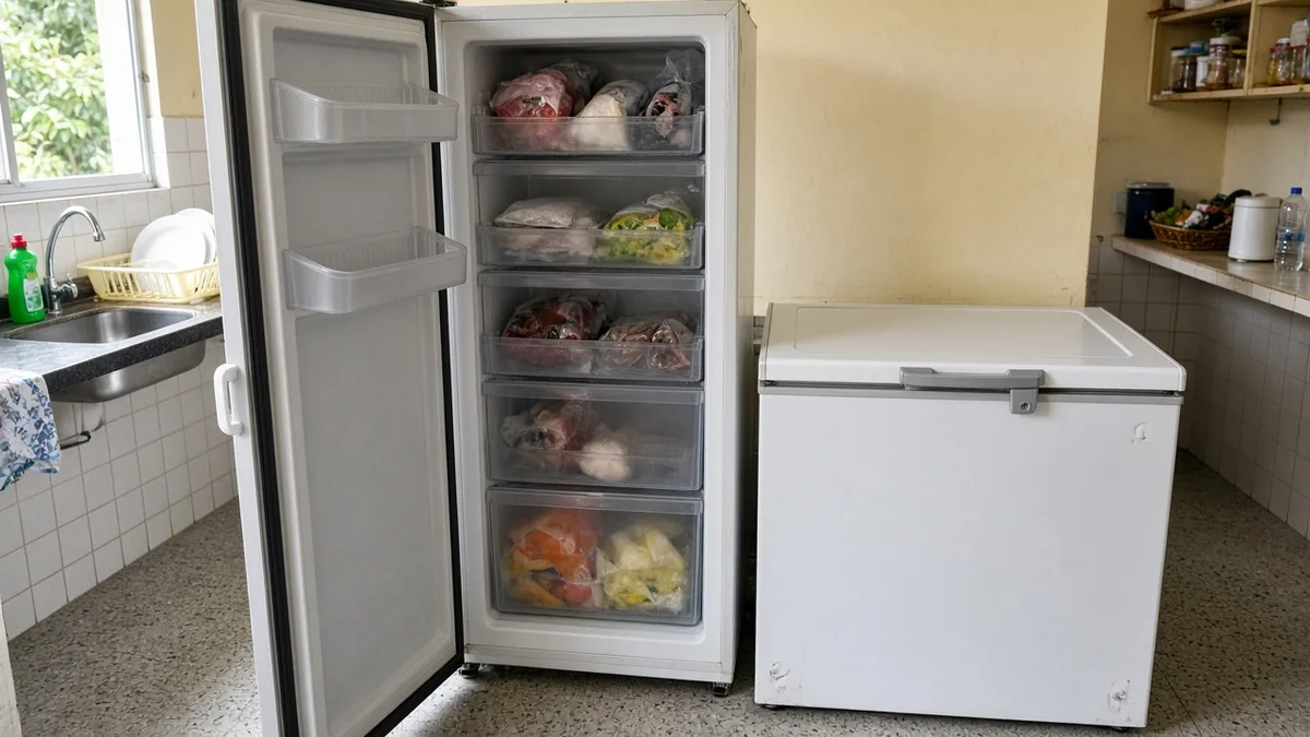 Na secção do artigo: freezer vertical aberto e horizontal fechado na mesma cozinha. Uniforme Refrigeração Curitiba Pro e equipamentos de serviço à vista.