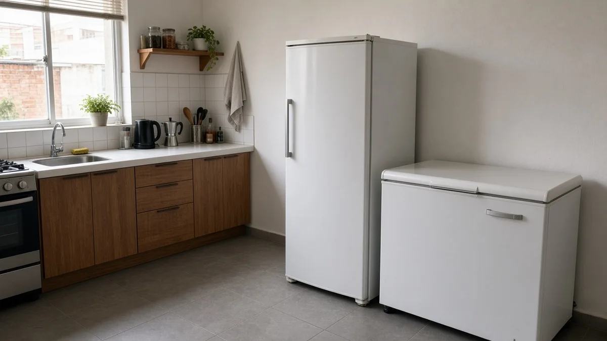 Técnico Refrigeração Curitiba Pro: freezer vertical e horizontal lado a lado em cozinha brasileira, em cozinha residencial brasileira com luz natural realista.