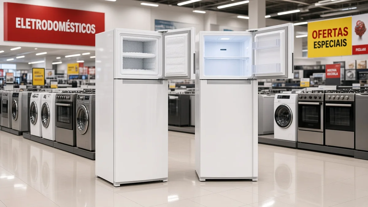 Duas geladeiras lado a lado em loja de eletrodomésticos brasileira, uma com freezer aberto mostrando leve gelo e outra com interior limpo sem crosta congelada.