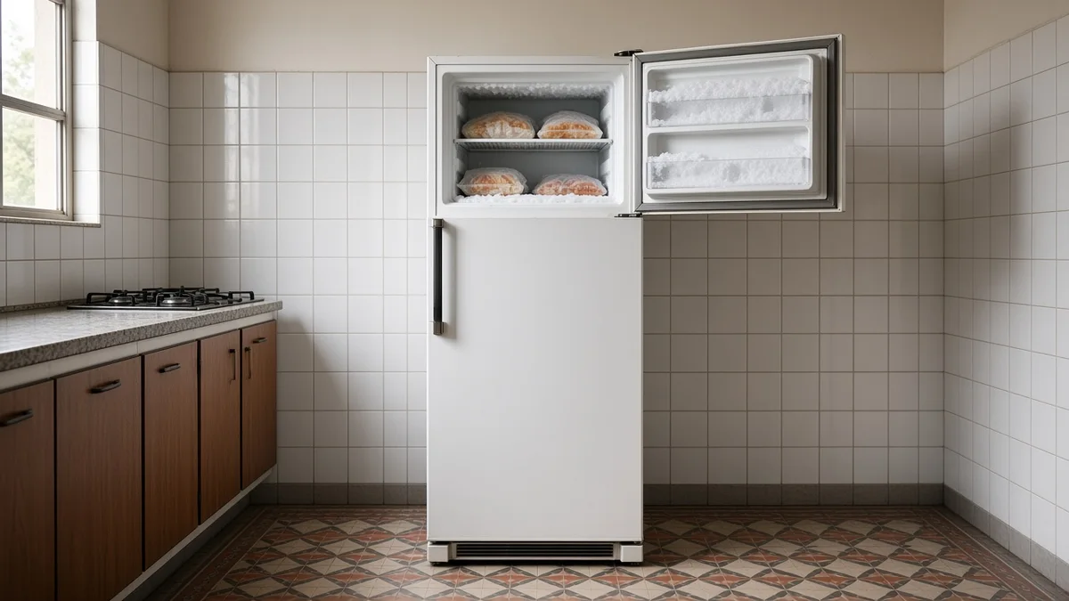Freezer superior de geladeira branca aberto em cozinha de apartamento brasileiro, com fina camada de gelo nas paredes internas e iluminação natural.