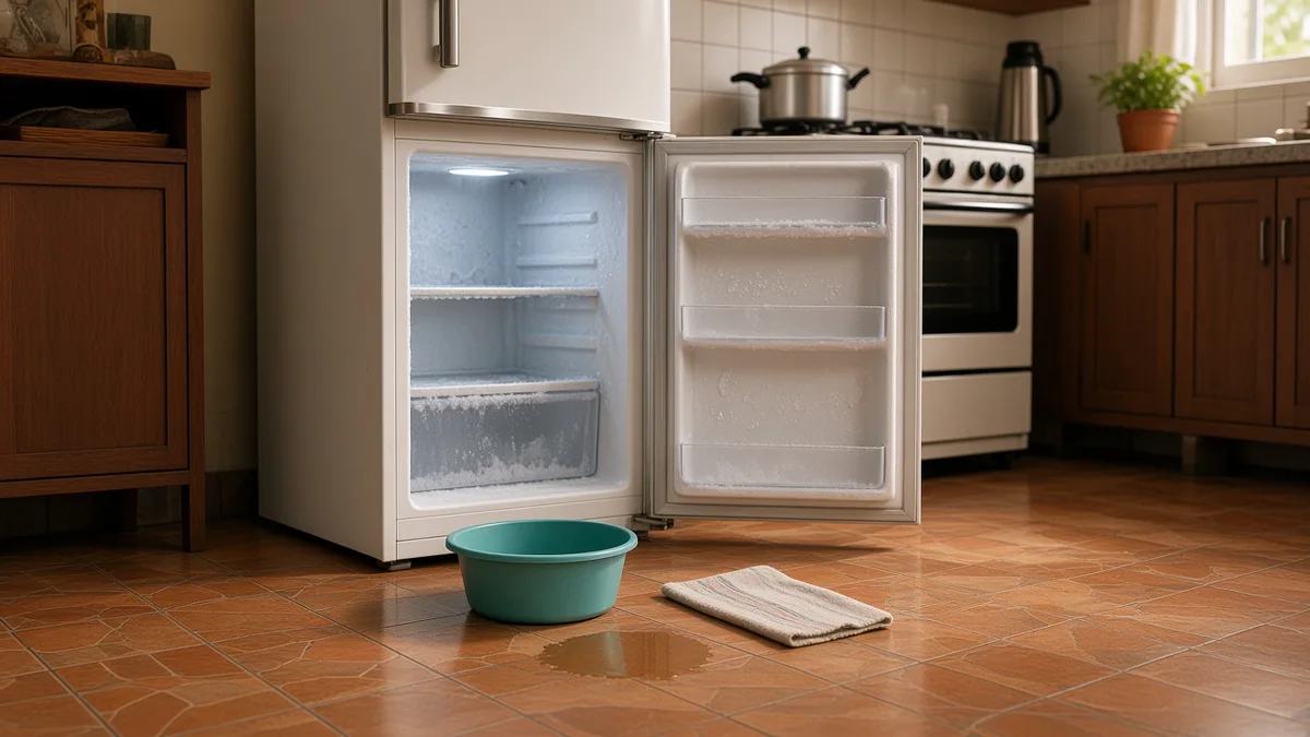 Toalha de algodão e bacia plástica no piso de azulejo de cozinha brasileira, à frente de geladeira branca aberta, recolhendo água do degelo manual.