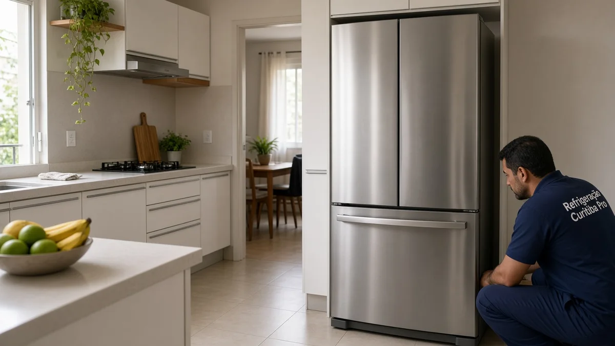 Detalhe prático: geladeira Inverter com ícones de economia, silêncio e durabilidade, em residência ou comércio brasileiro com luz natural e materiais à vista.
