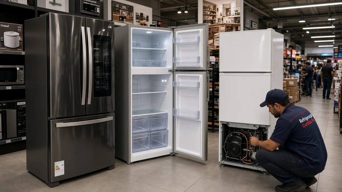 Detalhe prático: infográfico comparando geladeiras Inverter, Inverse e Frost Free, em residência ou comércio brasileiro com luz natural e materiais à vista.
