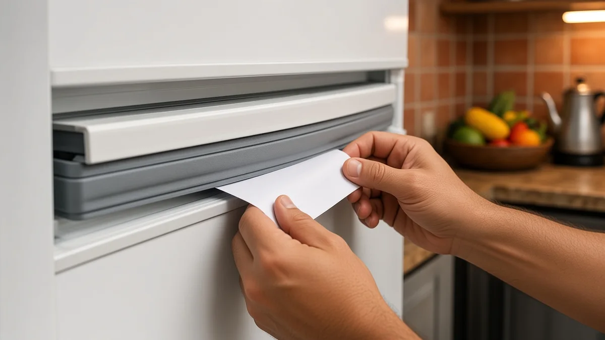 Mãos fechando a porta do freezer com uma folha de papel entre a borracha de vedação e o batente, teste de folga em cozinha brasileira urbana.