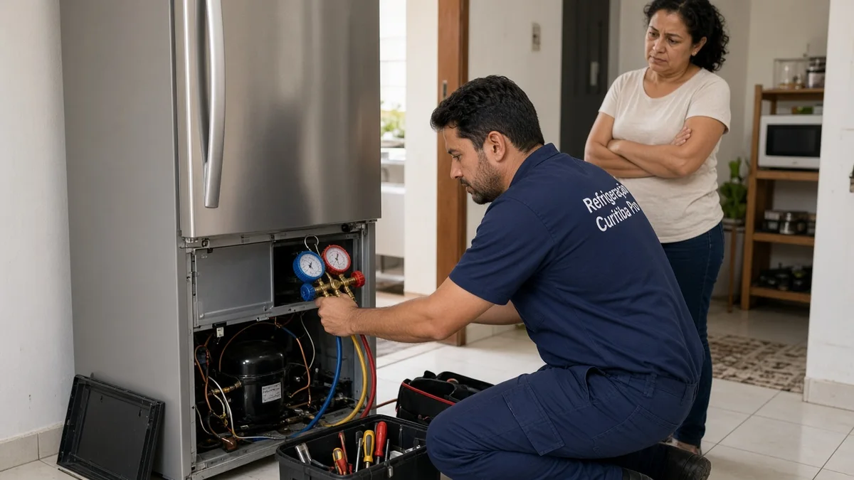 Close de chamar um técnico especializado?: mãos ou técnico em residência brasileira, ferramentas e materiais de refrigeração visíveis, sem texto sobreposto na.