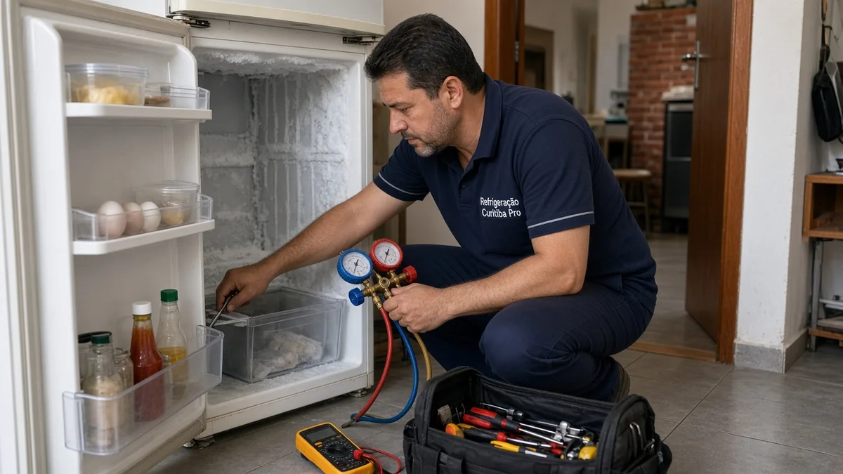 Close de problemas comuns e seus sintomas (diagnóstico detalhado): mãos ou técnico em residência brasileira, ferramentas e materiais de refrigeração visíveis.