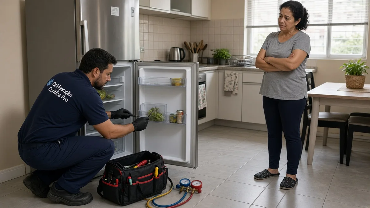Técnico em uniforme de serviço atende entendendo por que sua geladeira não gela em cozinha residencial brasileira, ferramentas e equipamento à vista, luz.